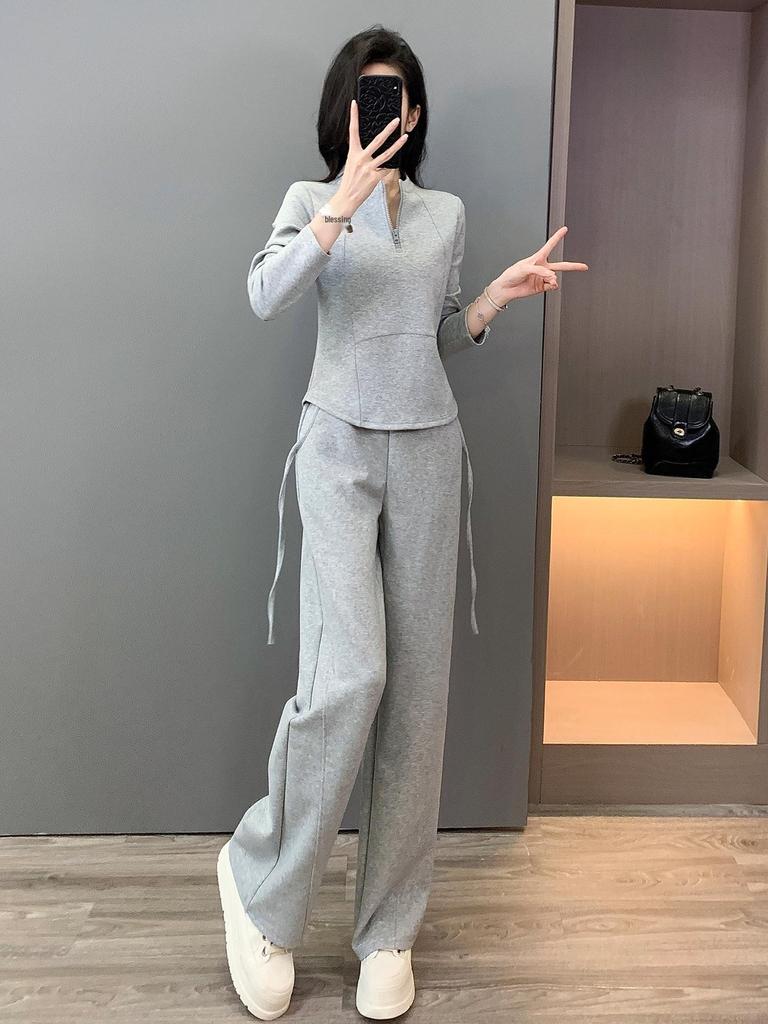 Women's Autumn Casual Sports Set: Slimming Black Long Sleeve Top & Wide Leg Pants