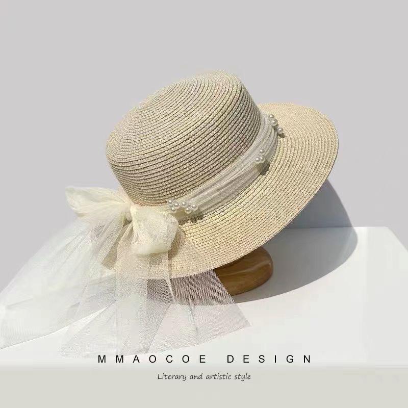New straw hat women's summer foreign style lace bow sunscreen sun hat outdoor beach hat sunshade straw hat