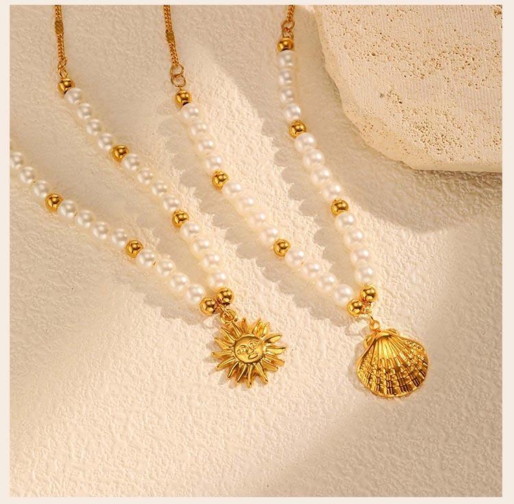 Stainless Steel Shell Sun Pendant Necklace for Women, Pearl Beaded Chain,18K Gold Plated Waterproof Tarnish-free Jewellery
