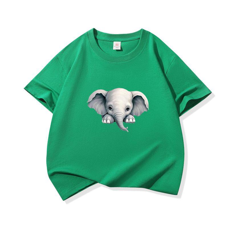 Kids Cotton T Shirt Cute Peeking Little Elephant Print Crew Neck Short Sleeve Tee Casual Breathable Boys Girls Summer Tops