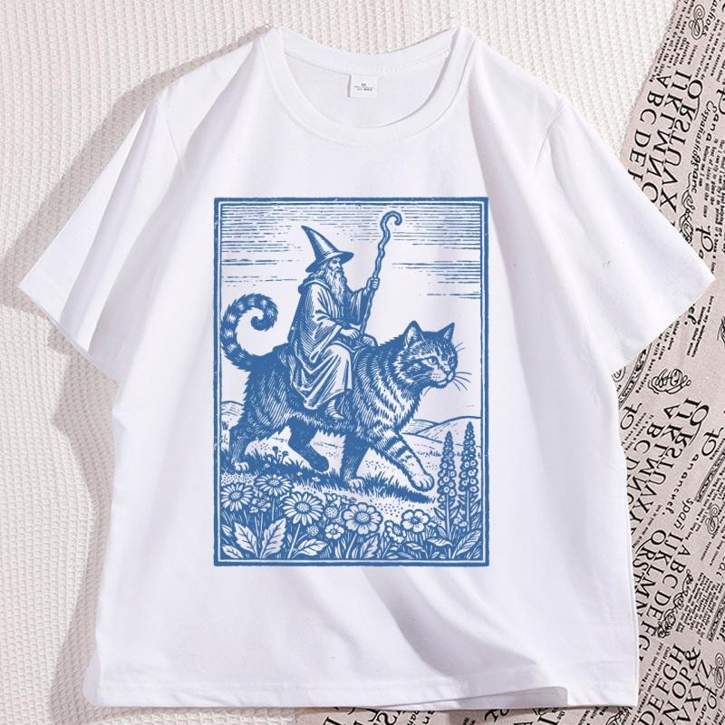 Wizard Cat Rider Vintage TShirt Men Women Fantasy Graphic Tee Funny Cat Short Sleeve Tshirt Causal Round Neck Printed Tees