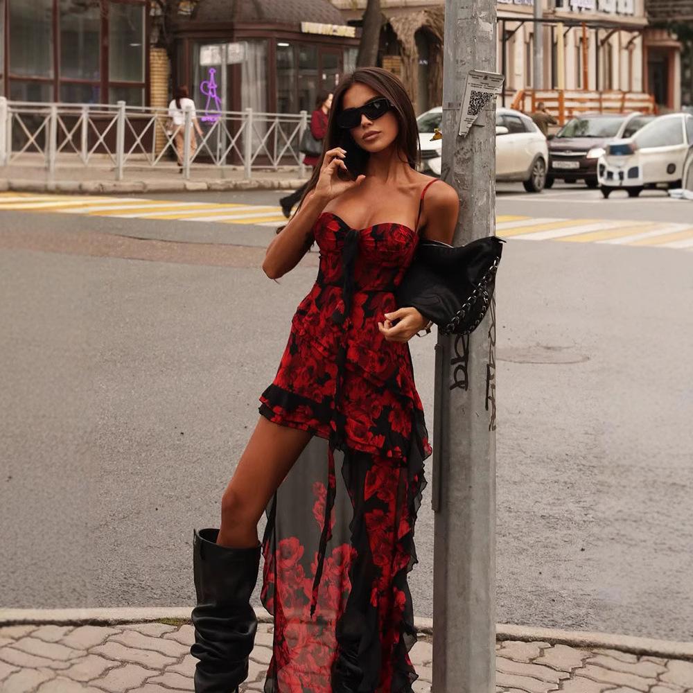 2025 Sommer Damen Sexy Print Spitze Sling Unregelmäßiges Slim Fit Schleppenkleid