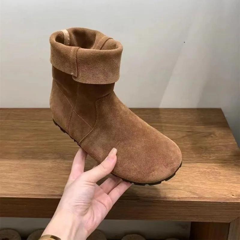 Fashion Retro Work Boots 2024 New Soft Bottom Sleeve Boots Flat Bottom Round Head Short Single Korean Edition Fashion Bare Boots 2025
