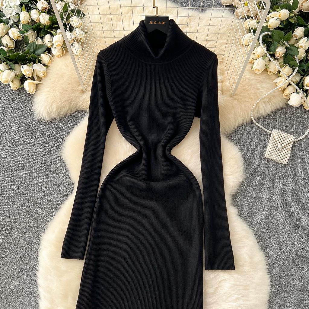 Jesień Zima Kobiety Elegancki Golf Długi Rękaw Dzianinowy Sweter Pulower Długie Sukienki Maxi Syrenka na Imprezę