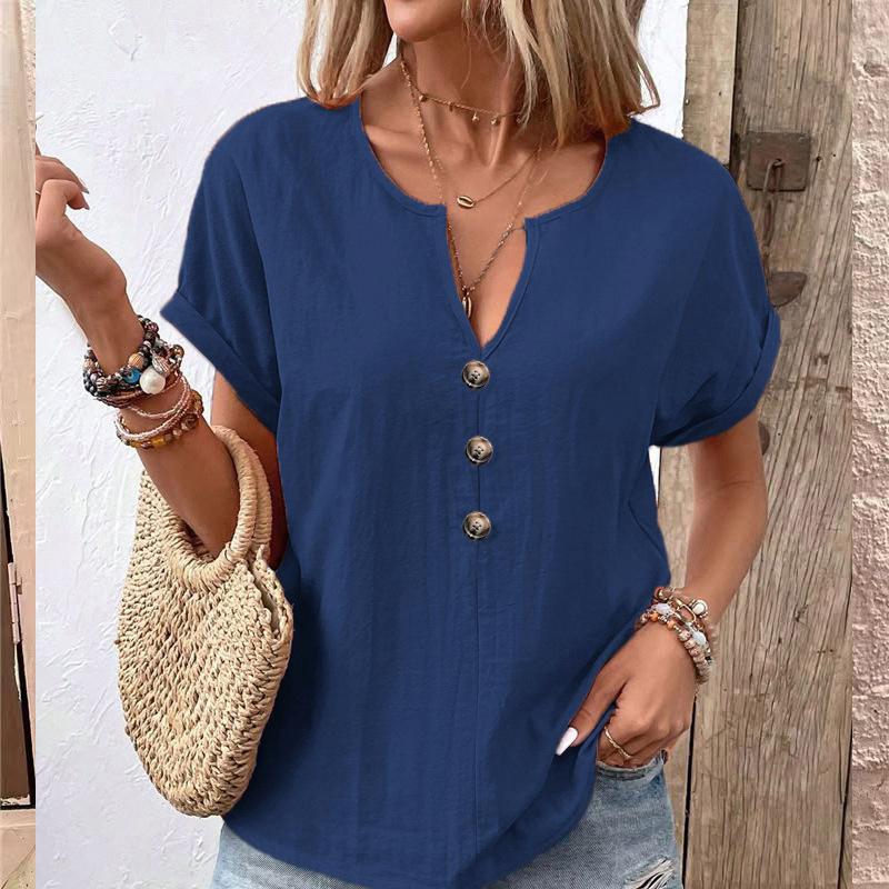 

Женская рубашка 5XLT Летняя Повседневная Элегантная Женская на пуговицах с V-образным вырезом и короткими рукавами 5XL темно-синий