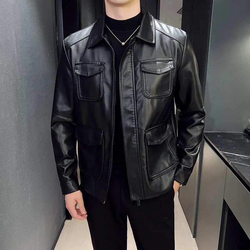 

2026 New Men Casual Leather Jacket Multi Pocket Solid Color Lapel Motorcycle Coat Autumn Outwear Fashion Biker Loose Streetwear XXL чёрный
