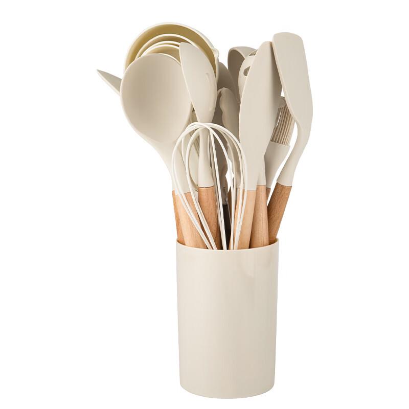 ZISIZ Silicone Kitchen Utensil Set with Wooden Handles