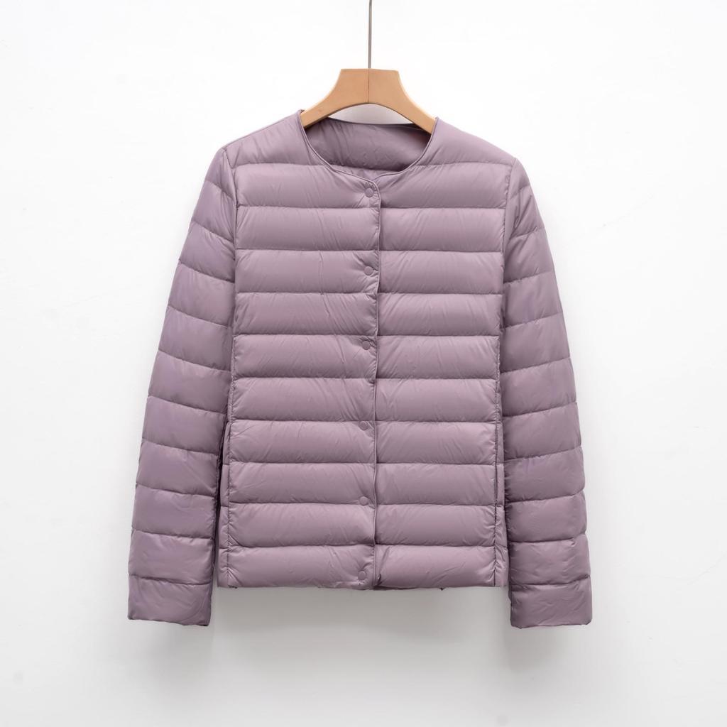 Women's Short Round Neck Warm Jacket - Solid Color Long Sleeve Down Liner for Autumn and Winter.