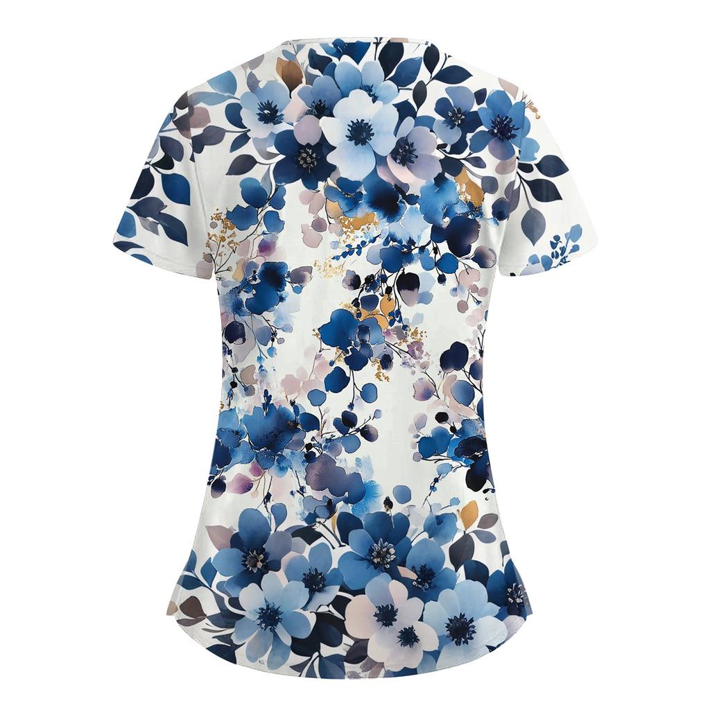 Women's Fashion Button V-Neck Short Sleeve Overalls With Pockets  Print Tops  Clothes