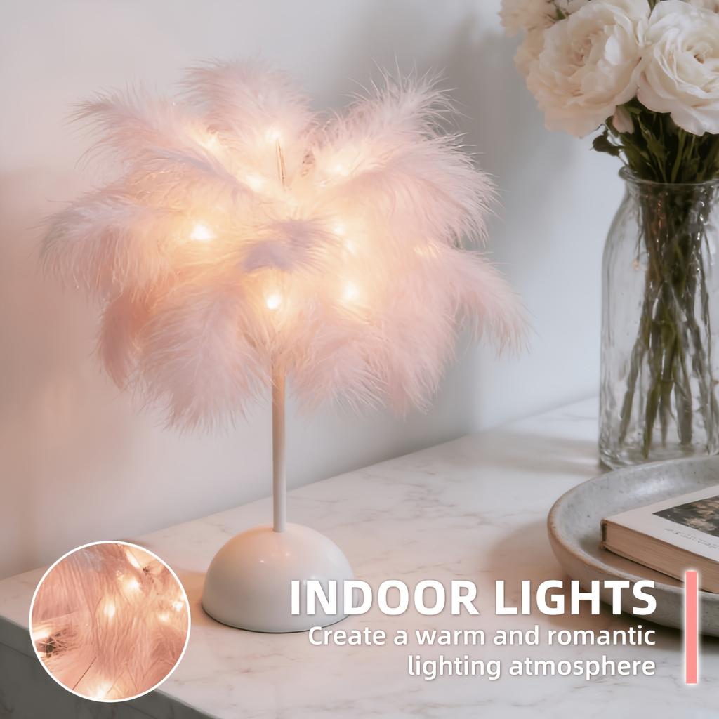 1PC Indoor Fairy Table Lamp, Pink Artificial Feather Lamp, Battery Powered, Romantic Fairy Tale Lamp, Bedroom and Living Room Decoration