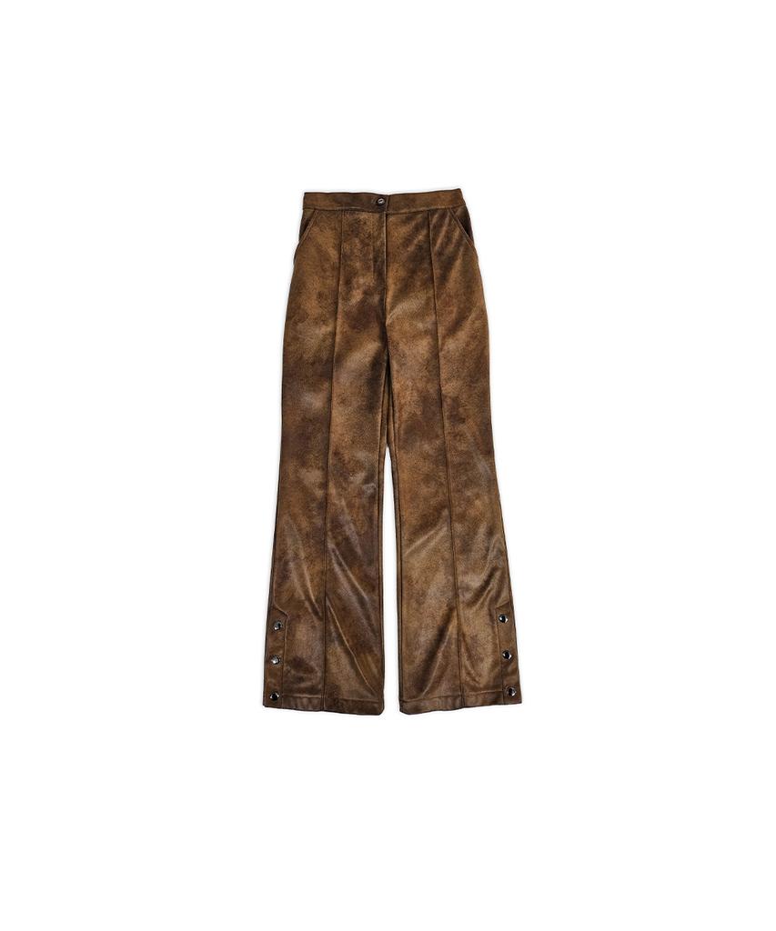 320 Showroom Faux Leather Side Slit Button Elastic Fleece-Lined Bootcut Pants Brown