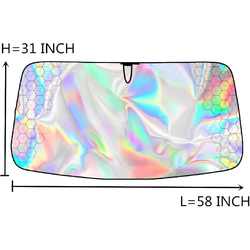 Car Windshield Sun Shade,5-Layer Reflective Blocks UV & Heat,Heavy Duty Foldable Sunshade With Metal Frame, Iridescent Color Keep Car Interior
