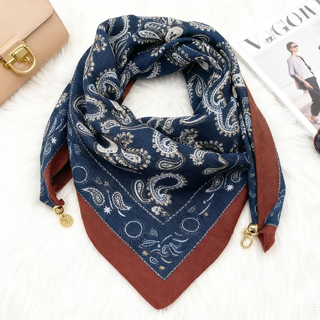 Magnetic buckle cotton and linen small square scarf silk scarf women's spring and autumn versatile neck protection scarf triangular scarf new warm sca