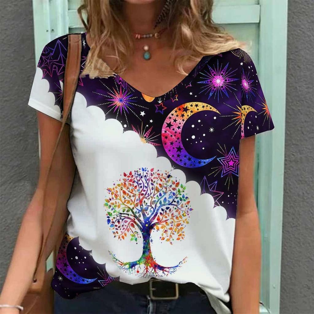 Top Tunica Casual Larghi da Donna con Stampa e Scollo a V a Maniche Corte