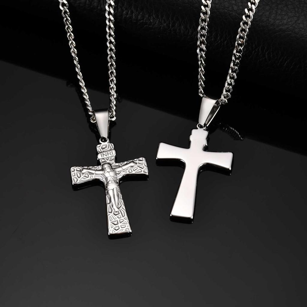 Vintage Religious Jesus Cross Pendant Necklace, Stainless Steel Chain Necklace for Men Church Prayer Faith Jewelry