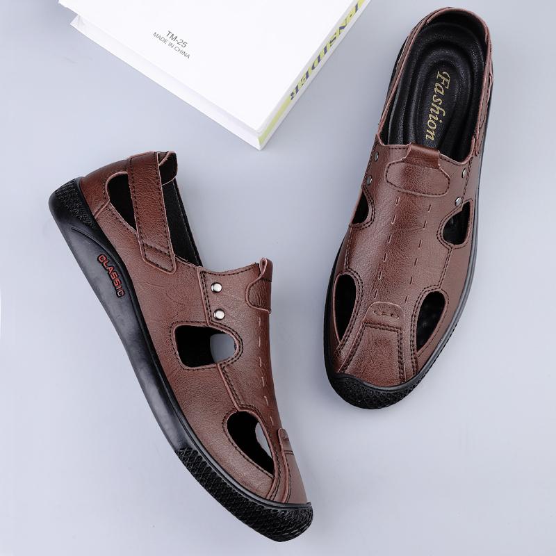 FashionGenuine Leather Summer Shoes Breathable Mens Sandals Durable Handmade Stitching Beach Flats Non Slip Outdoor Man Slip on Sandals