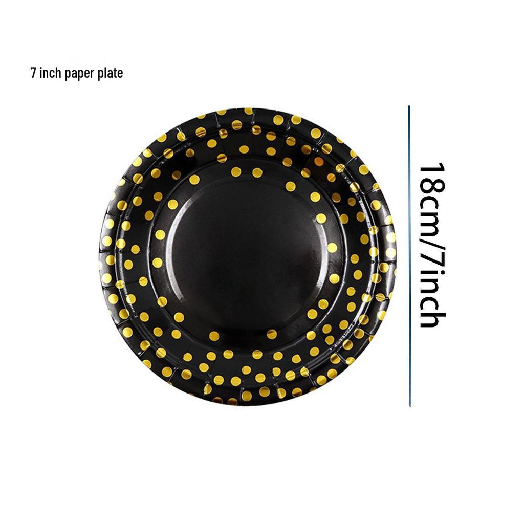 Polka Dot Black Paper Plate and Cup Set - Christmas & New Year Disposable Tableware