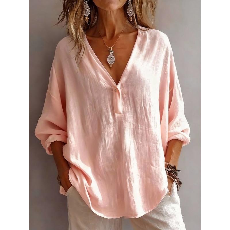 Women Casual Loose Solid Color V Neck Long Sleeve Pullover Shirt