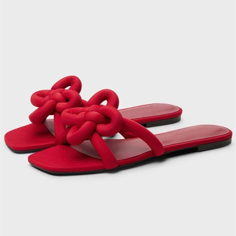 Fashion Fashion Ethnic Style Flat Slippers Women Cute Light Square Toe Open Toe Slide Sandals Cozy Satin Flip-flops Summer Beach Shoes