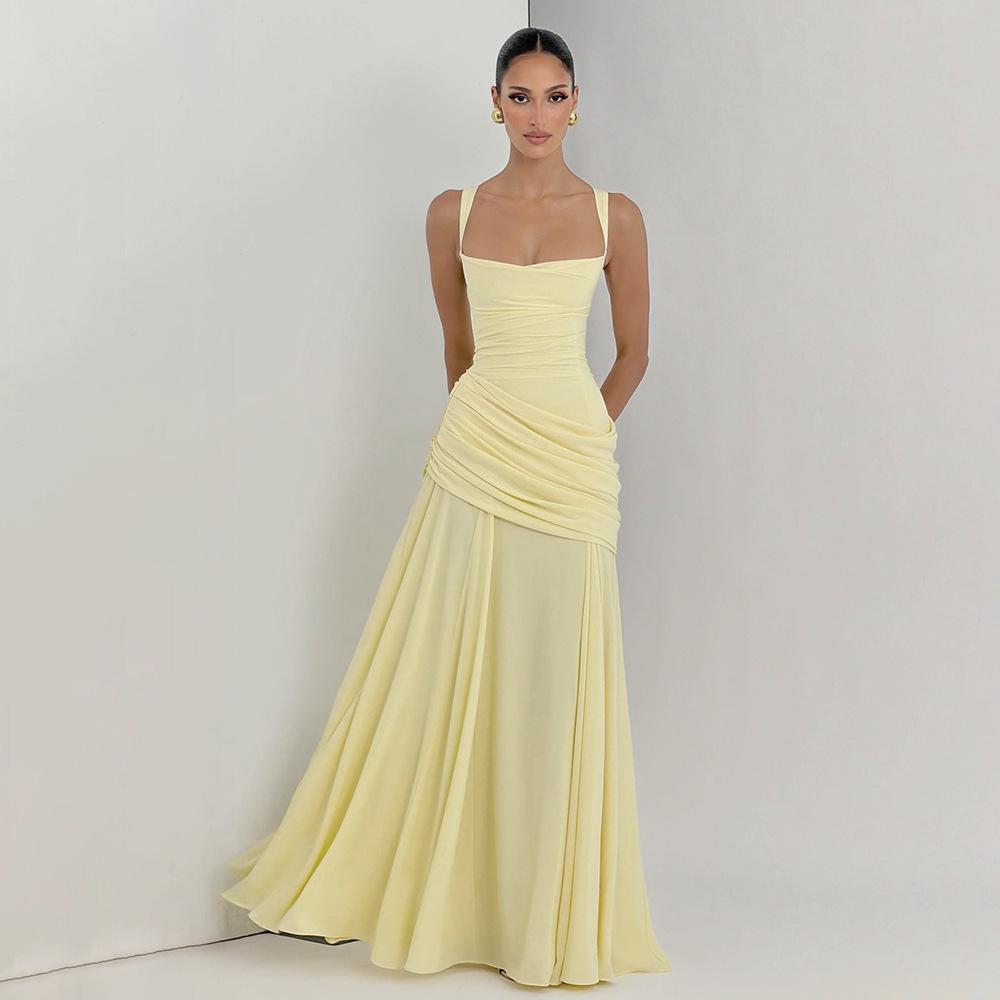 Elegant European Women s Spring 2026 Open-Back Ruffled Spaghetti Strap Dress M жёлтый