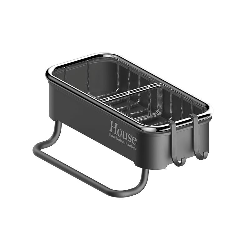 

Кухонный стеллаж для хранения, органайзер, держатель для губки, дренажная корзина, крючки для полотенец из нержавеющей стали 2 In 1 чёрный