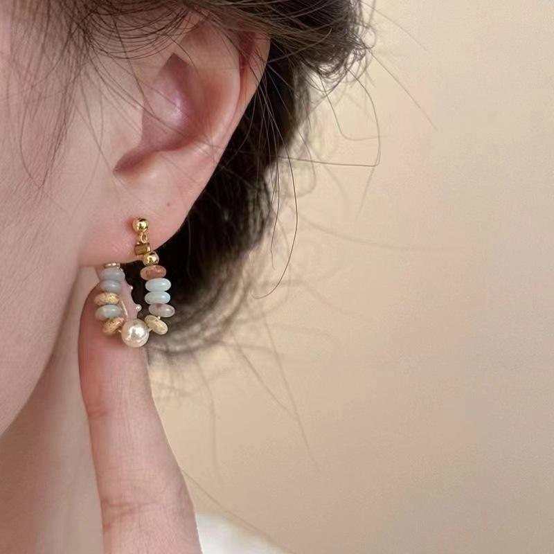 Chic Colorful Stone Beaded Hoop Earrings For Women Sweet Gold Color Metal Earrings Korean Daily Wear Jewelry