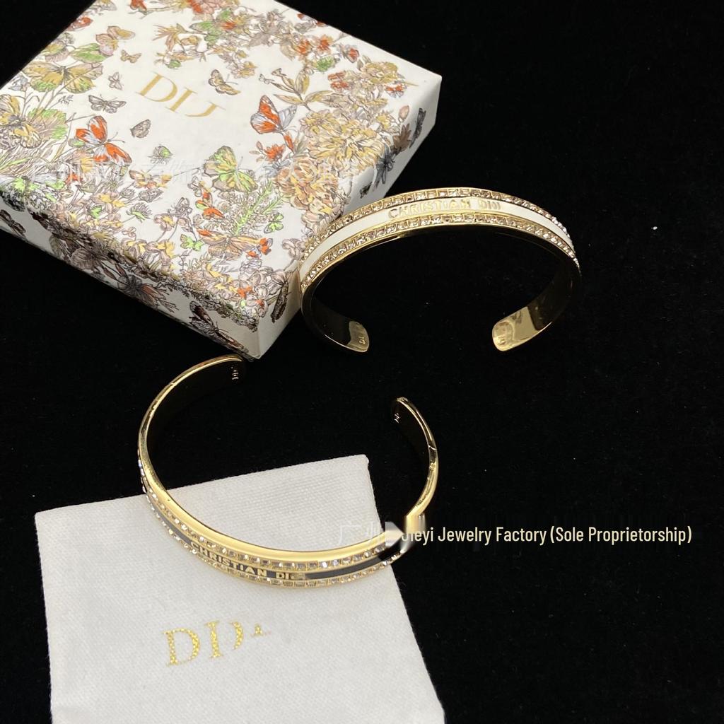 D's Black Enamel Square Diamond Initial Open Bangle - Retro European & American Style Trendy Bracelet for Women