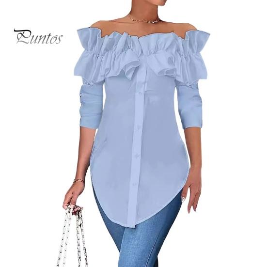 

Жіноча сорочка з відкритими плечима і рюшами, сорочка з довгим рукавом, однотонна однобортна повсякденна сорочка S синій