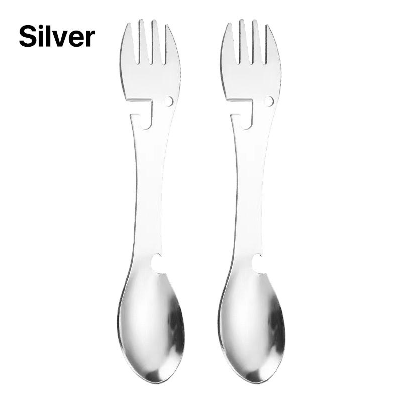 5 In 1 Multitool Stainless Steel Fork Spork Spoon Cutlery Flatware Utensil Portable Camp Multi Tool Bottle Opener Can Opener