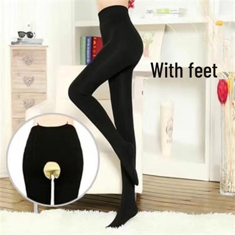 Plus Sametové Legíny s Otevřeným Rozkrokem Zesílené pro Vzhled Holých Nohou a Punčochové Kalhoty s Chodidly