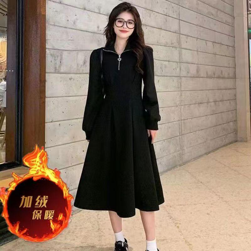 Design Sense Semi-zipper Velvet Waffle Long-sleeved Dress Women's Spring, Autumn and Winter New Waist Medium and Long Skirt