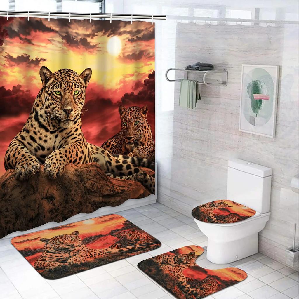 Moon Leopard Cheetah Shower Curtain Sets Bathroom Decor Set Animals Bathroom Shower Curtain And Bathroom Accessories Waterproof