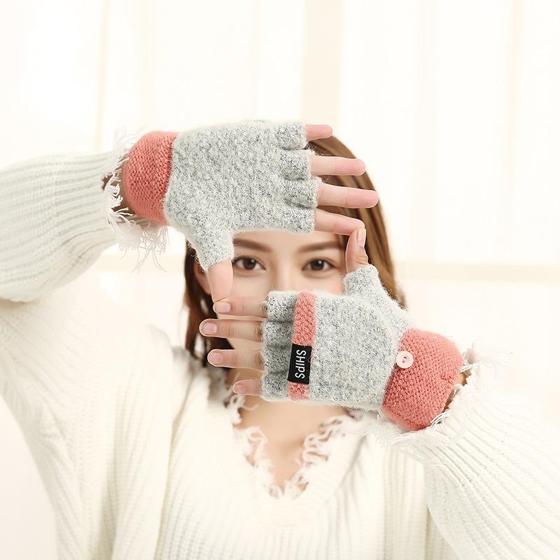 Autumn and winter wool flip gloves men's and women's new knitted double-layer thickened warm-keeping half-finger cycling gloves