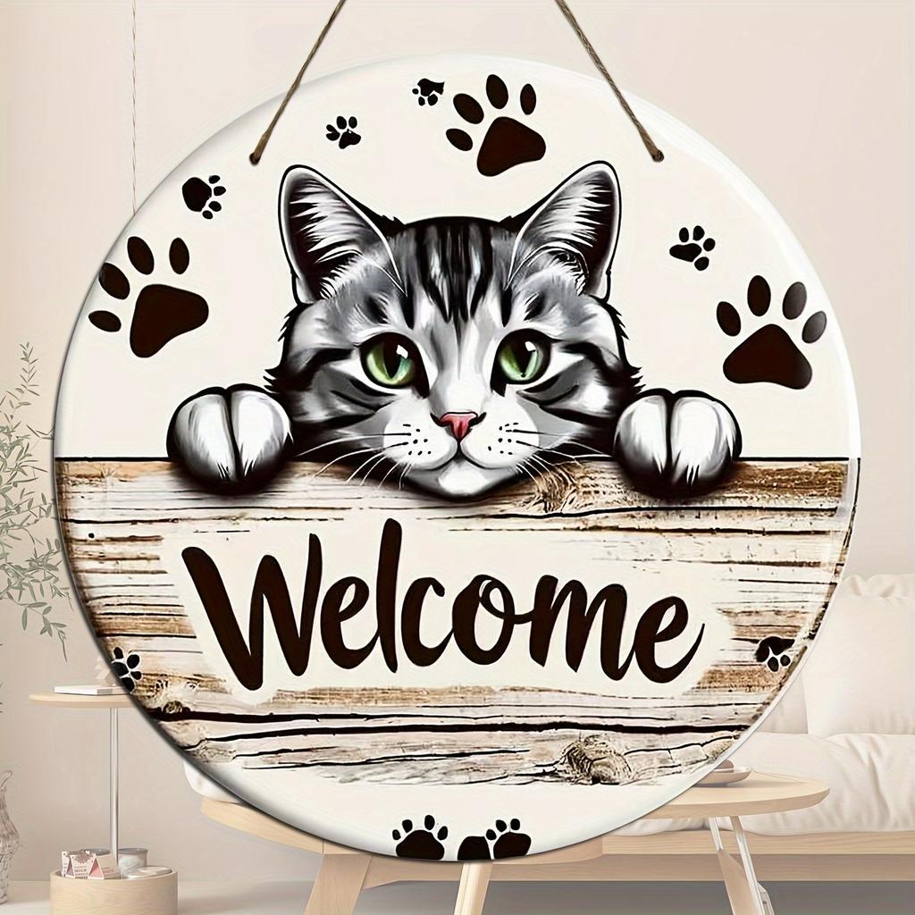 2D Flat Wooden Welcome Sign, A Minimalist Cat-Themed Home Decor Hanging Ornament, Nurseries, Vintage Home Decor Wall for Bar Kitchen