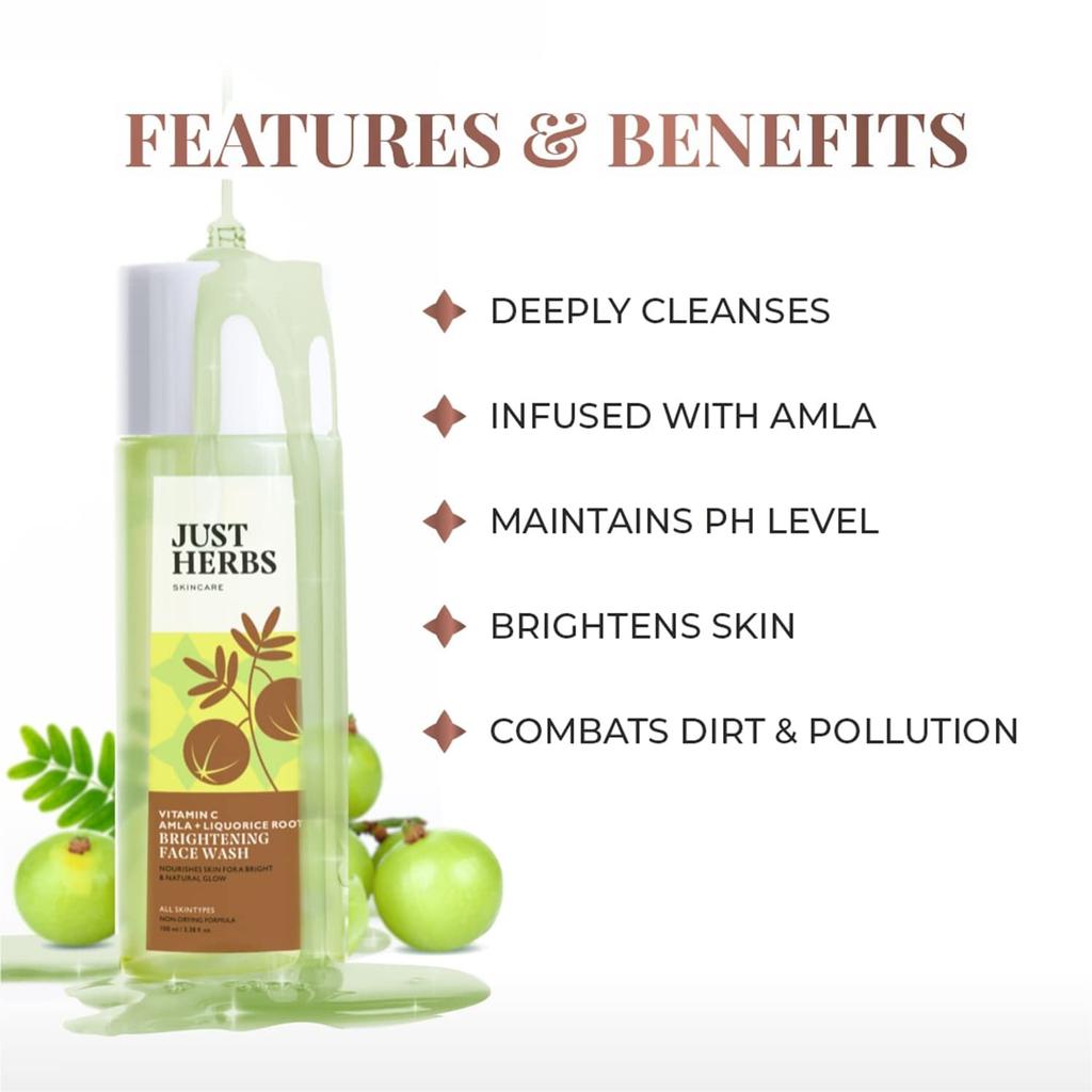 Just Herbs Brightening Face Wash with Vitamin C Amla & Liquorice Root for Men & Women | Hydrates Skin, Reduces Hyperpigmentation & Maintains pH L
