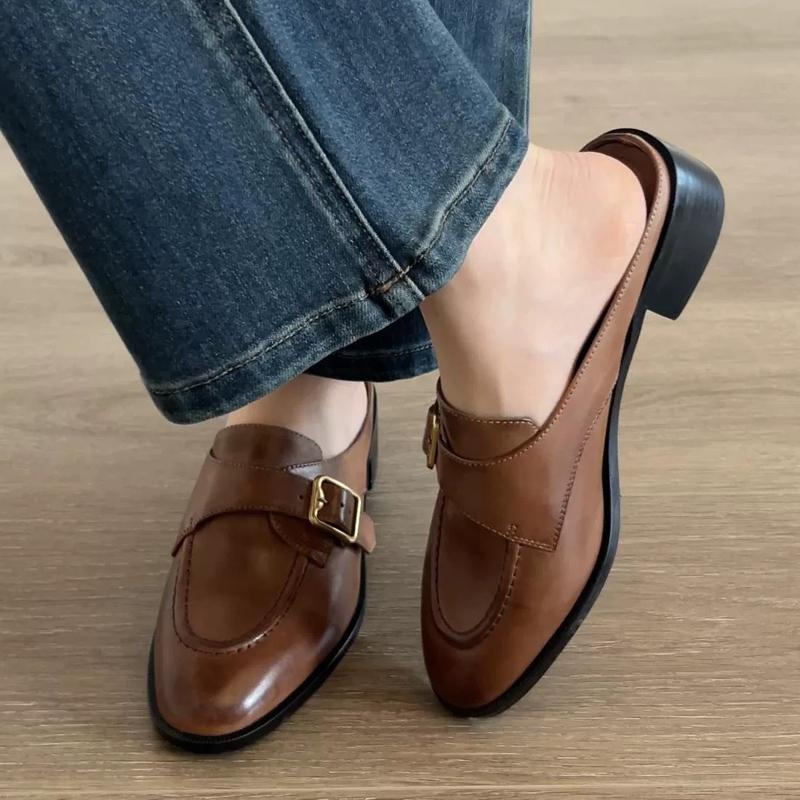 Fashion British Buckle Strap Mules Shoes Ladies Med-High Heels Slippers Slip On Derby Sliders Femmes Pantuflas PU Leather Loafers Woman