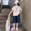 Girls' College Style Set 2026 Summer New Striped Tie T-shirt Clear Color Jeans Middle and Large Children's Two Piece Set
