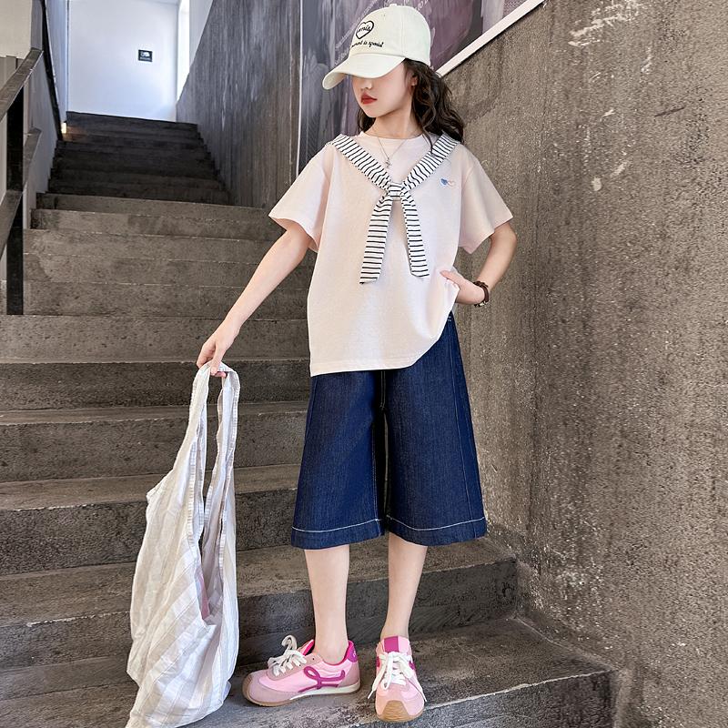 Girls' College Style Set 2026 Summer New Striped Tie T-shirt Clear Color Jeans Middle and Large Children's Two Piece Set