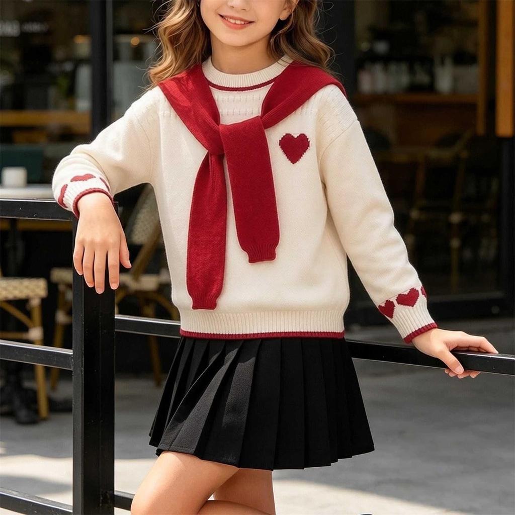 Girls Christmas Sweater with Heart Pattern Knit Long Sleeve Pullover for Fall Winter