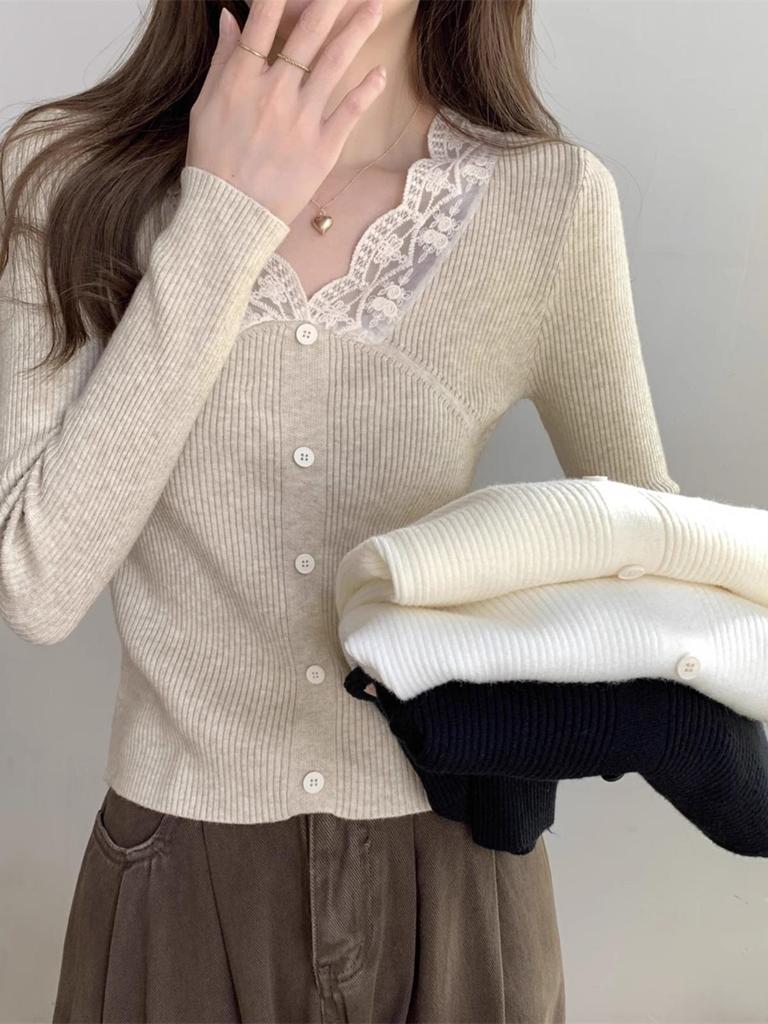 Women's Slim-Fit V-Neck Lace Trim Knit Sweater