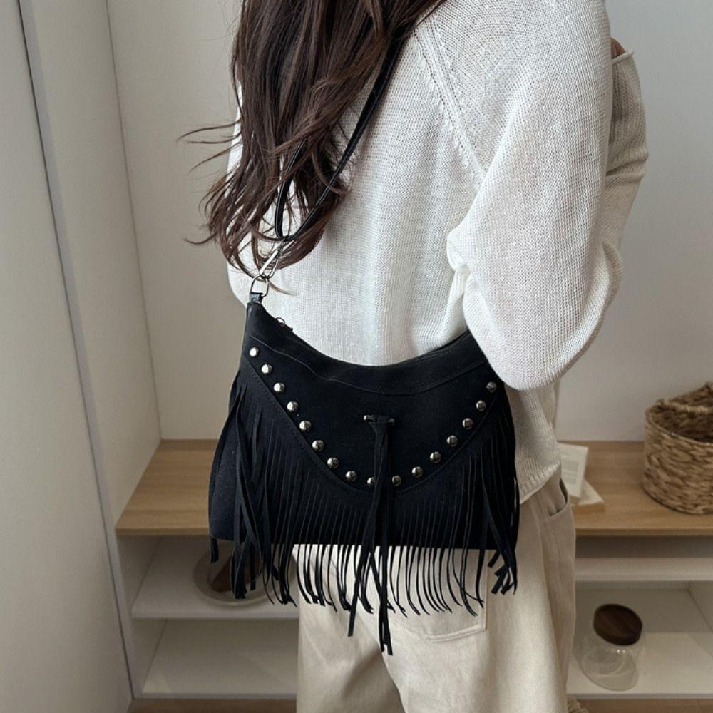 Korean Suede Crossbody Bag Rivet Ethnic Style Handbag Sweet Tassel Shoulder Bag Travel