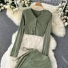 Three-Piece Suit Women's Autumn Halter Neck Small Suspenders Long-Sleeved Cardigan Shirt High Waist Slit Long Skirt