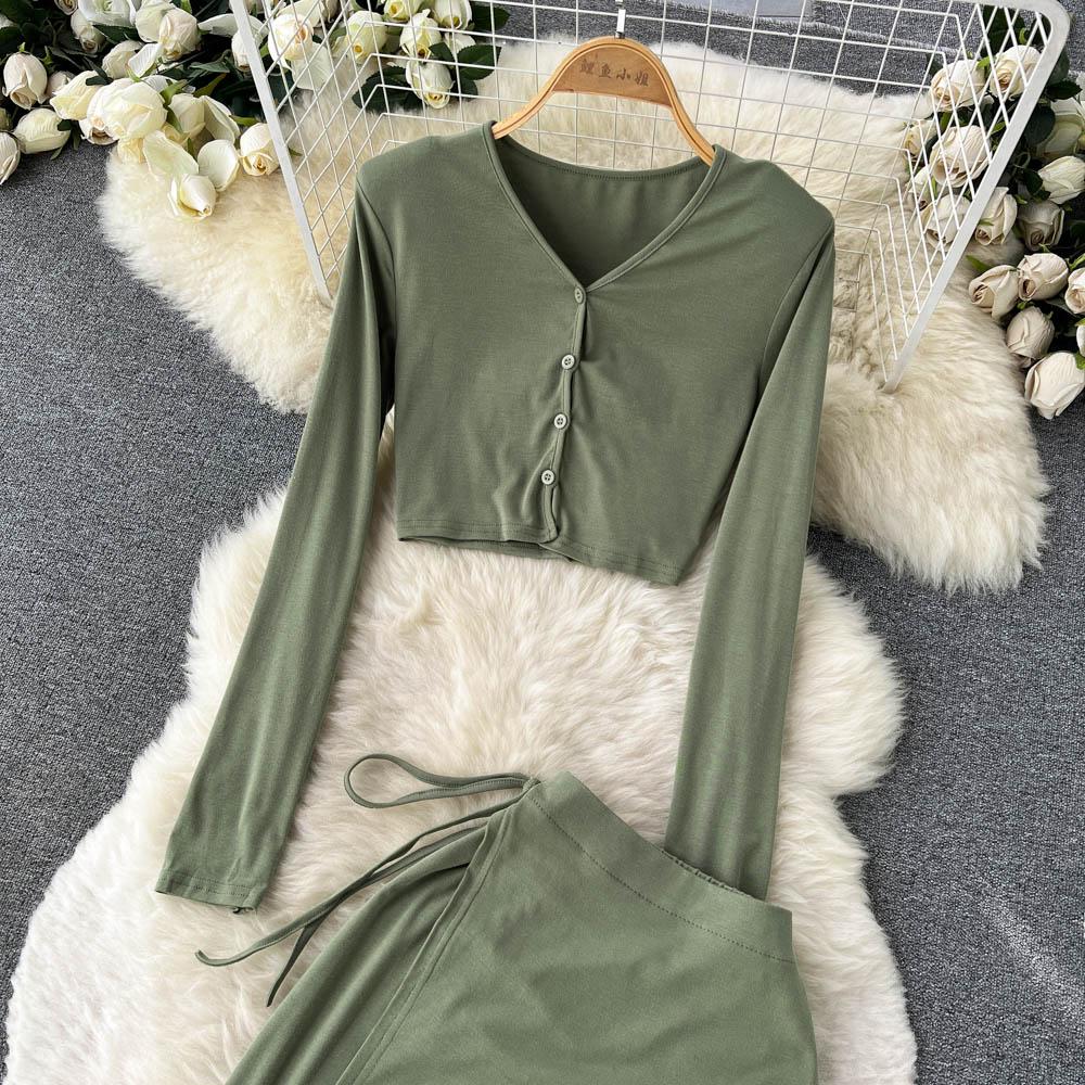 Three-Piece Suit Women's Autumn Halter Neck Small Suspenders Long-Sleeved Cardigan Shirt High Waist Slit Long Skirt