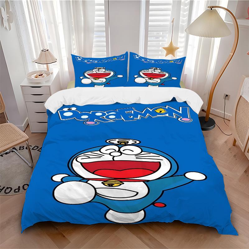 Set Lenzuola 3 Pezzi Stampa Doraemon Adventure Copripiumino con 2 Federe Cuscino Regalo di Compleanno per la Casa