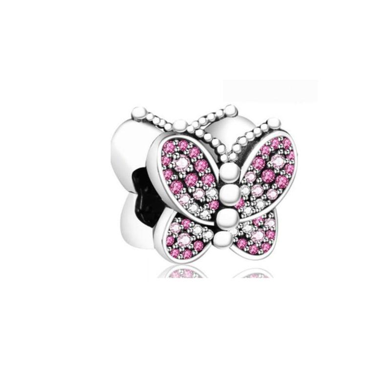 Pink Butterfly Cherry Blossom Flower Caterpillar Charm Enamel Bead fit Original Silver Bracelet Jewelry Accessories for Women