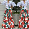 Fashion New Women's Cross Strap Puff Sleeves Short Top Print Long Swing Skirt Two-Piece Set Skirt Suit