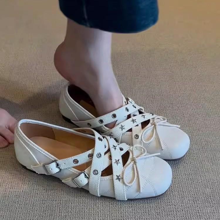Soft leather version~ Cross with frosted leather bow Mary Jane shoes women's retro flat-bottomed sports ballet single shoes