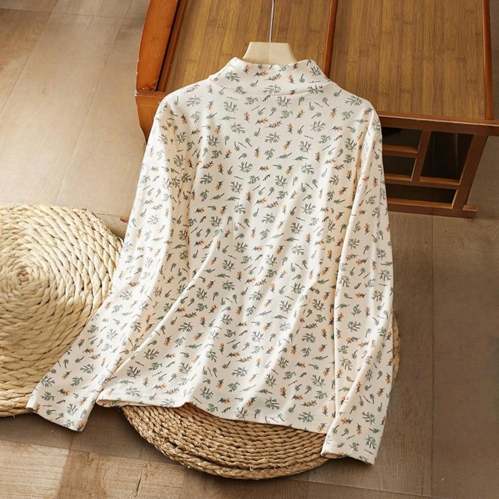 Damenmode Langarm Doppelseitiger Samt Blumendruck Basisschicht Shirt Halber Stehkragen Warmes T-Shirt Top