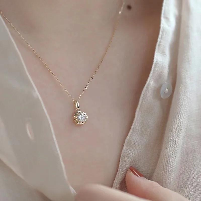 Jkeli 925 Sterling Silver Plated 14k Gold Shiny Zircon Flower Necklace for Women Girl Korean Temperament Exquisite Jewelry Gifts