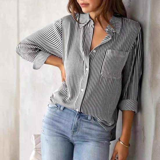 Women Shirt Lapel Long Sleeve Single Breasted Shirt Tops with Patch Pocket Loose Fit Breathable Office Tops